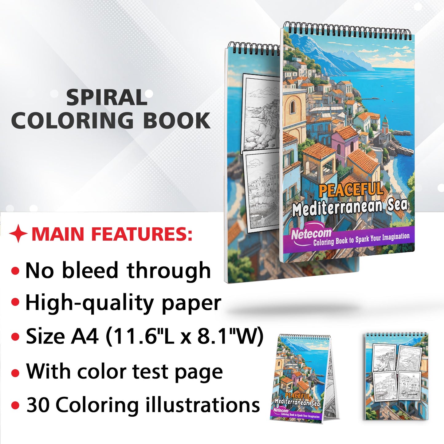 Peaceful Mediterranean Spiral Bound Coloring Book: Explore 30 Relaxing Illustrations of the Peaceful Sea in this Coloring Book