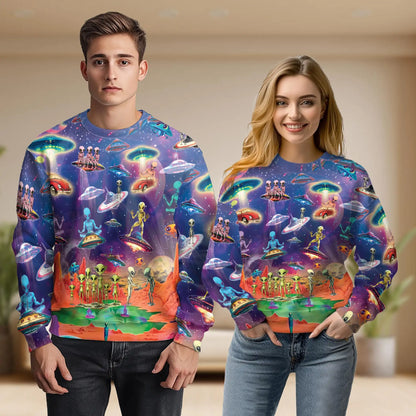 Psychedelic UFO Alien Sweatshirt, 3D All Over Print Cosmic Space Crewneck Pullover for Men Women, Alien Lover Gift - Netecom