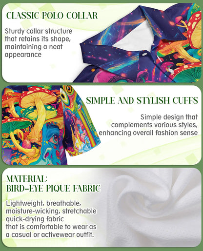 Psychedelic Mushroom Art 3D Polo Shirt for Men – Neon Trippy Fantasy Style | Netecom