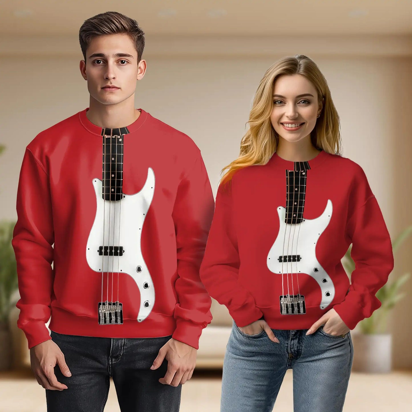 Red Bass Guitar Sweatshirt, 3D All Over Print Rock Music Crewneck Pullover for Men Women, Bass Player Gift - Netecom