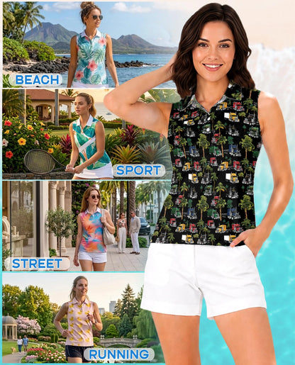 Semi Truck and Palm Tree Print Sleeveless Polo Shirt for Women | Netecom