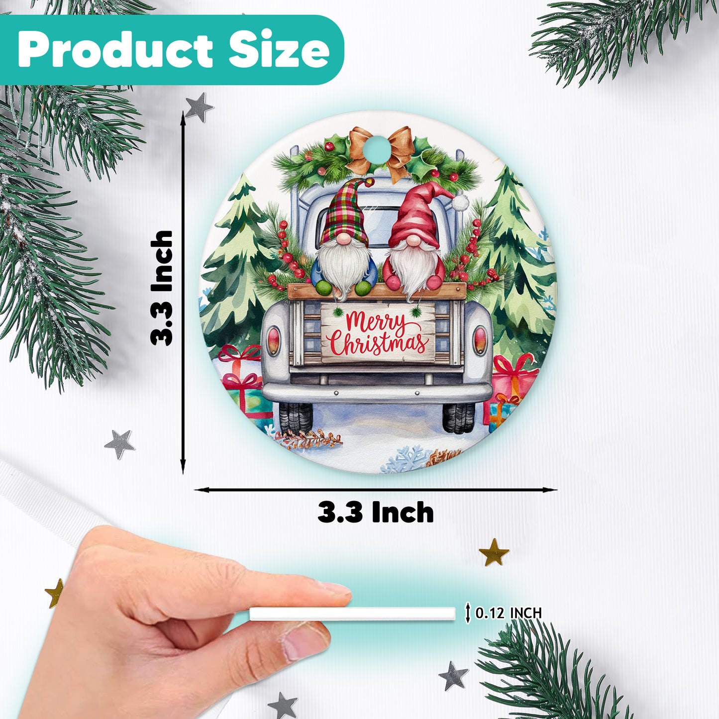 Netecom Funny Gnomes in White Truck Ornament, Merry Christmas Ceramic Ornament for Xmas Tree Hanging Decorations Gift, Gnomes Lover Gifts, Home Decor, Holiday Party Present