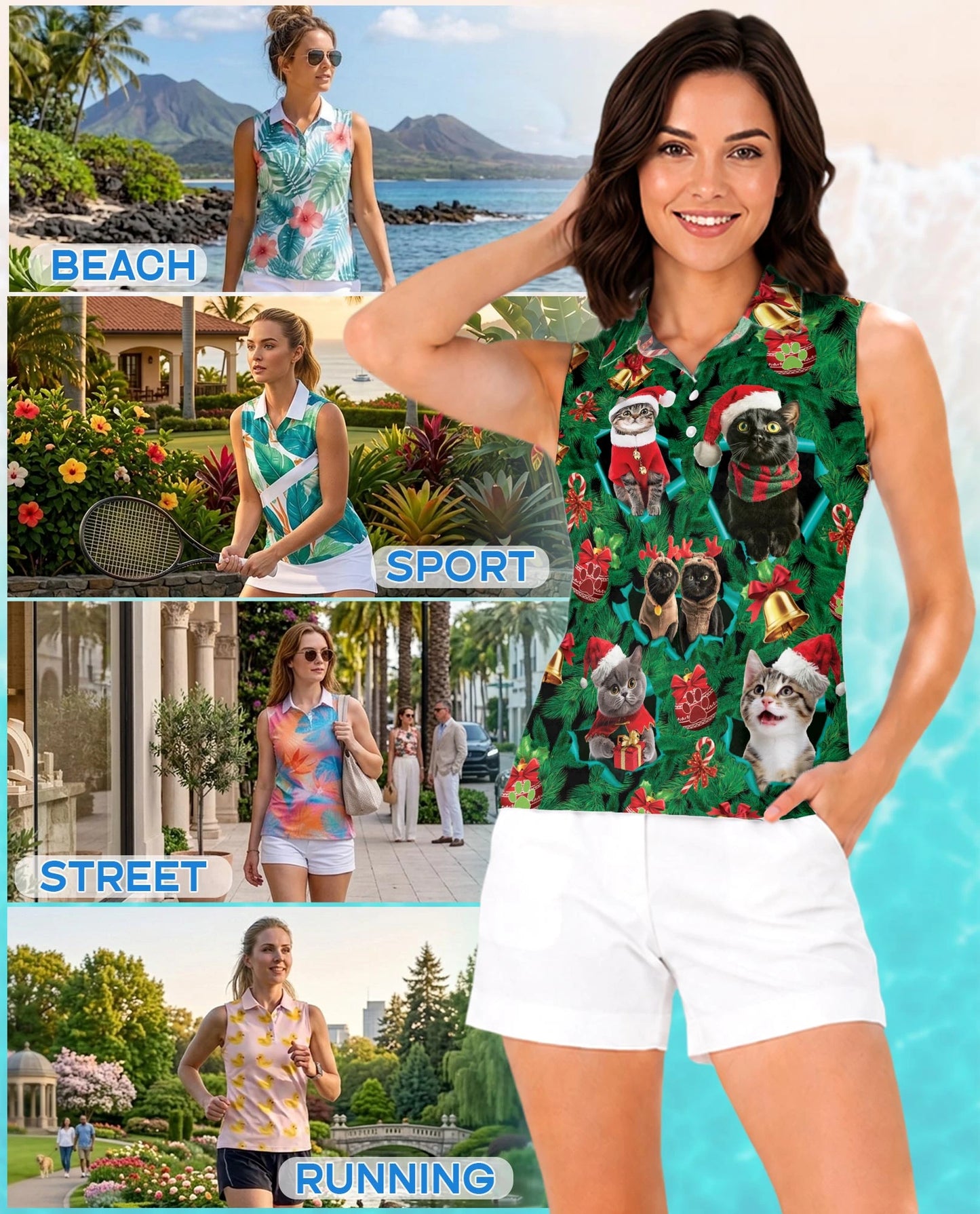 Cats Christmas Sleeveless Polo Shirt for Women – Cute Holiday Style | Netecom