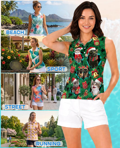 Cats Christmas Sleeveless Polo Shirt for Women – Cute Holiday Style | Netecom