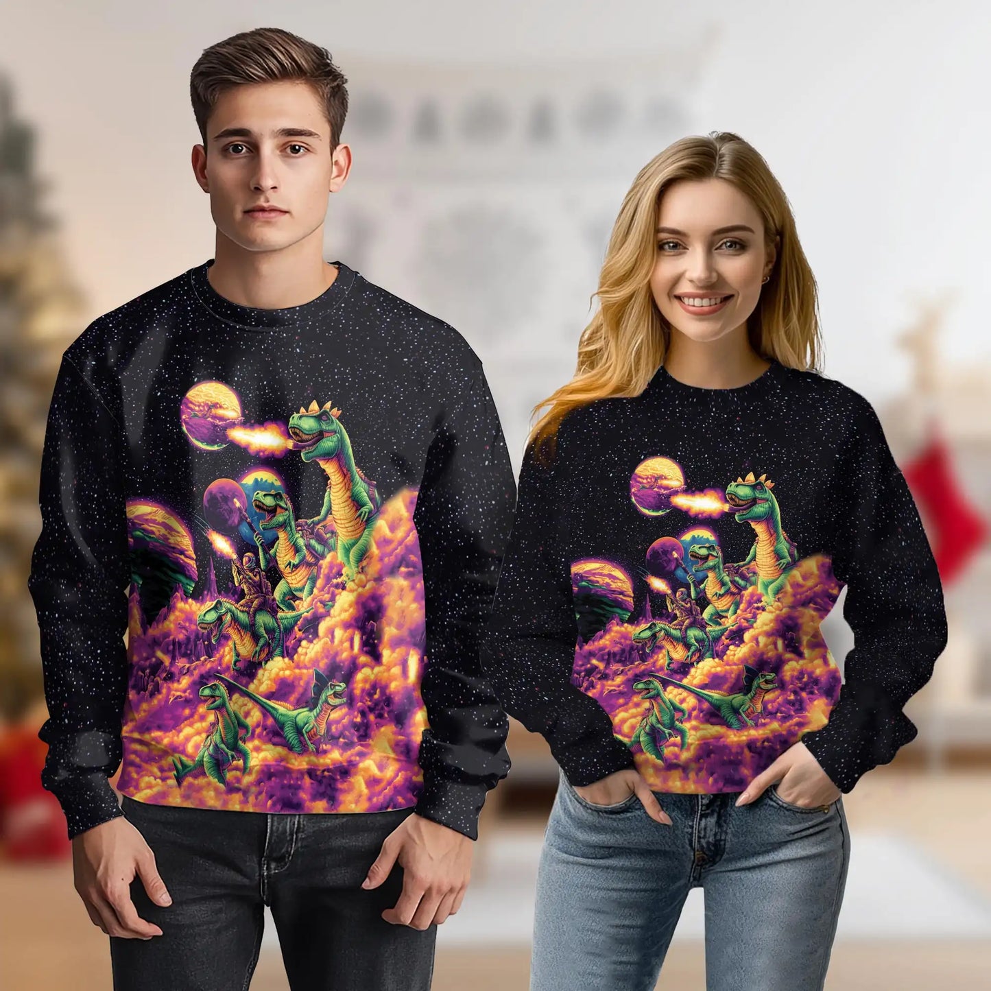 Galaxy Dinosaurs Sweatshirt, 3D All Over Print Space Dinosaur Crewneck Pullover for Men Women, Dinosaur Lover Gift - Netecom