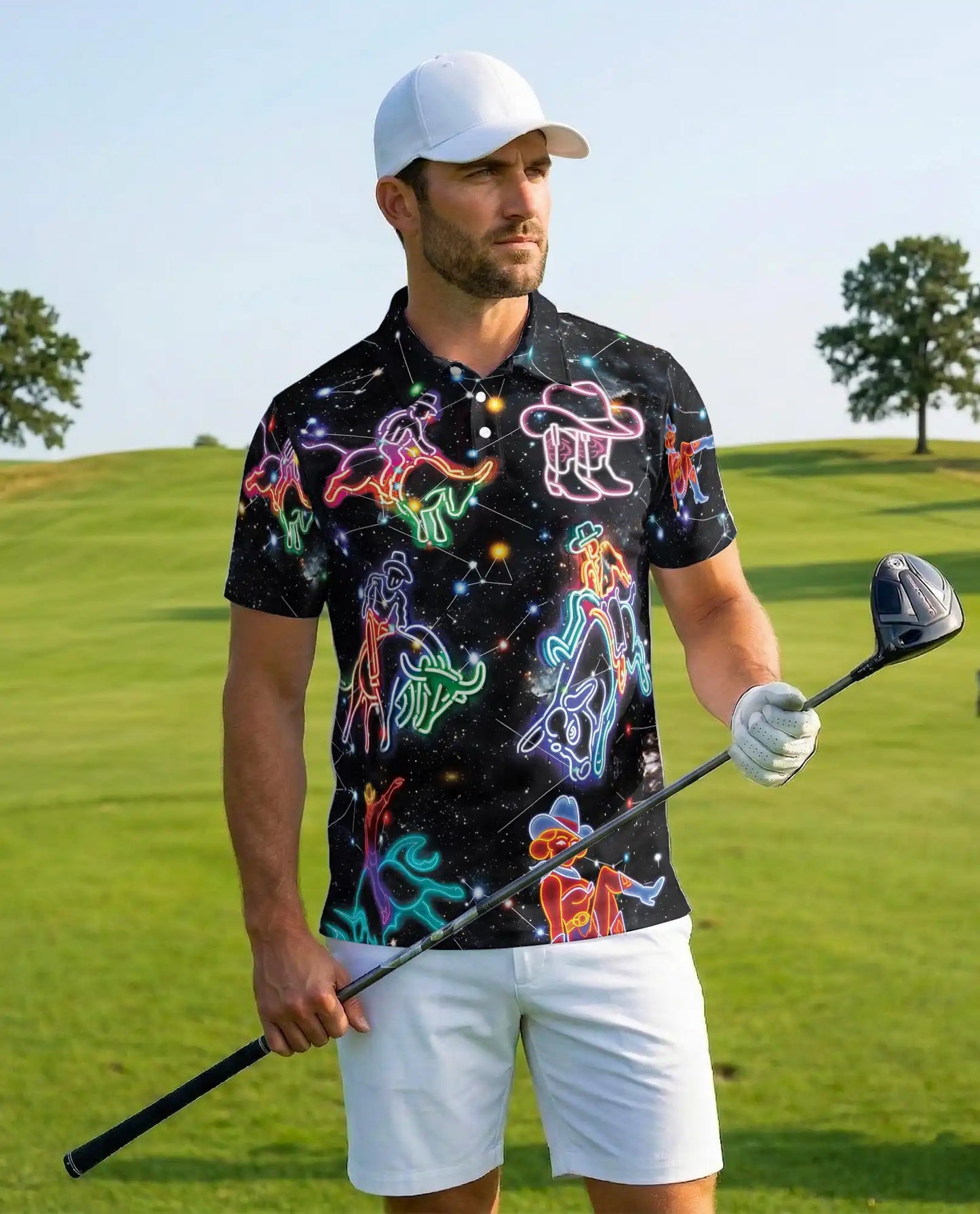 Neon Cowboy Constellation Polo Shirt-Western Galaxy Design | Netecom