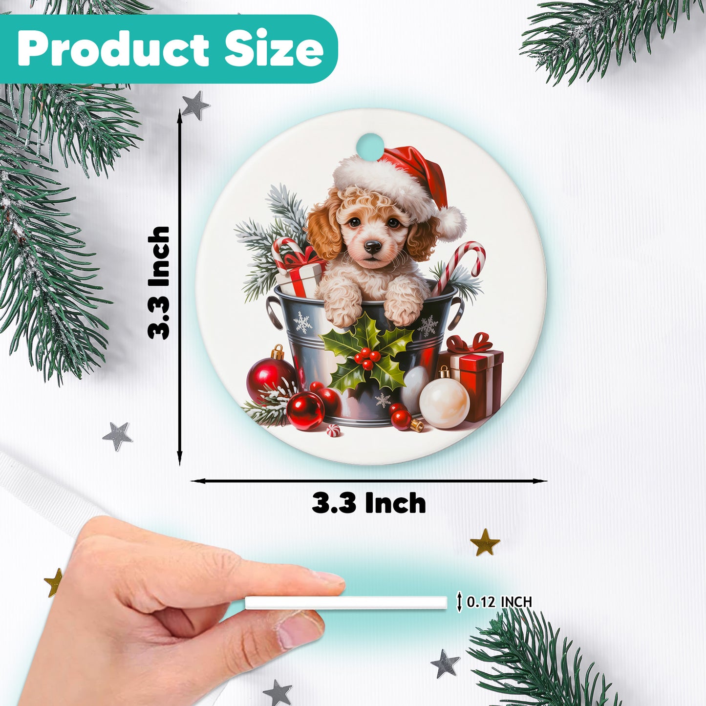 Netecom Cute Poodle in Bucket Ornament, Dog with Santa Hat Ceramic Ornament for Christmas Tree Hanging Decorations Gift, Puppy Lover Gifts, Home Decor, Holiday Party Present