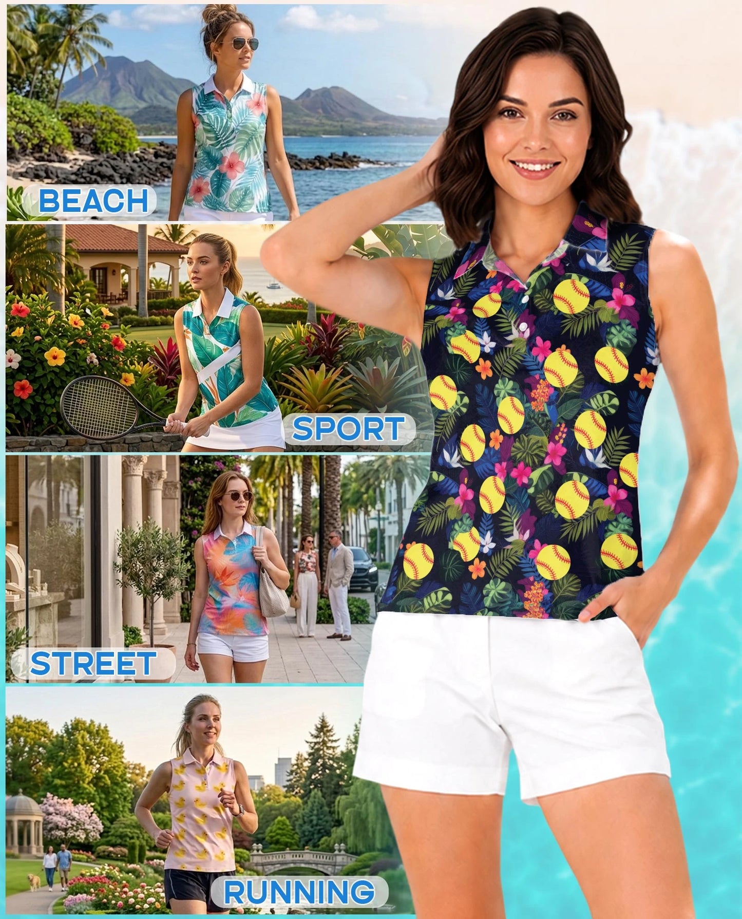 Softball Simple Hibiscus Sleeveless Polo Shirt for Women | Netecom