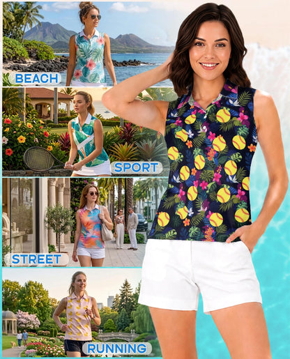Softball Simple Hibiscus Sleeveless Polo Shirt for Women | Netecom