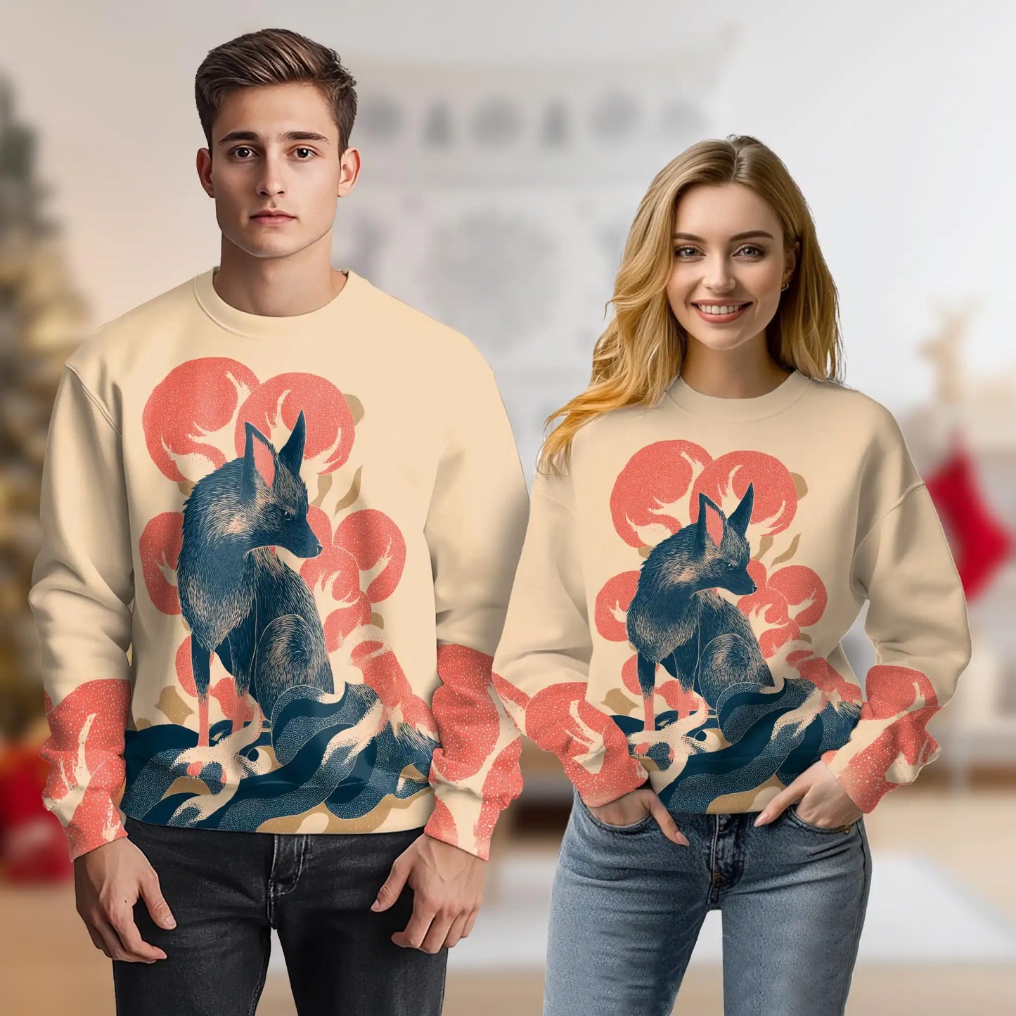 Japanese Fox Sweatshirt, 3D All Over Print Japanese Art Kitsune Crewneck Pullover for Men Women, Fox Lover Gift - Netecom