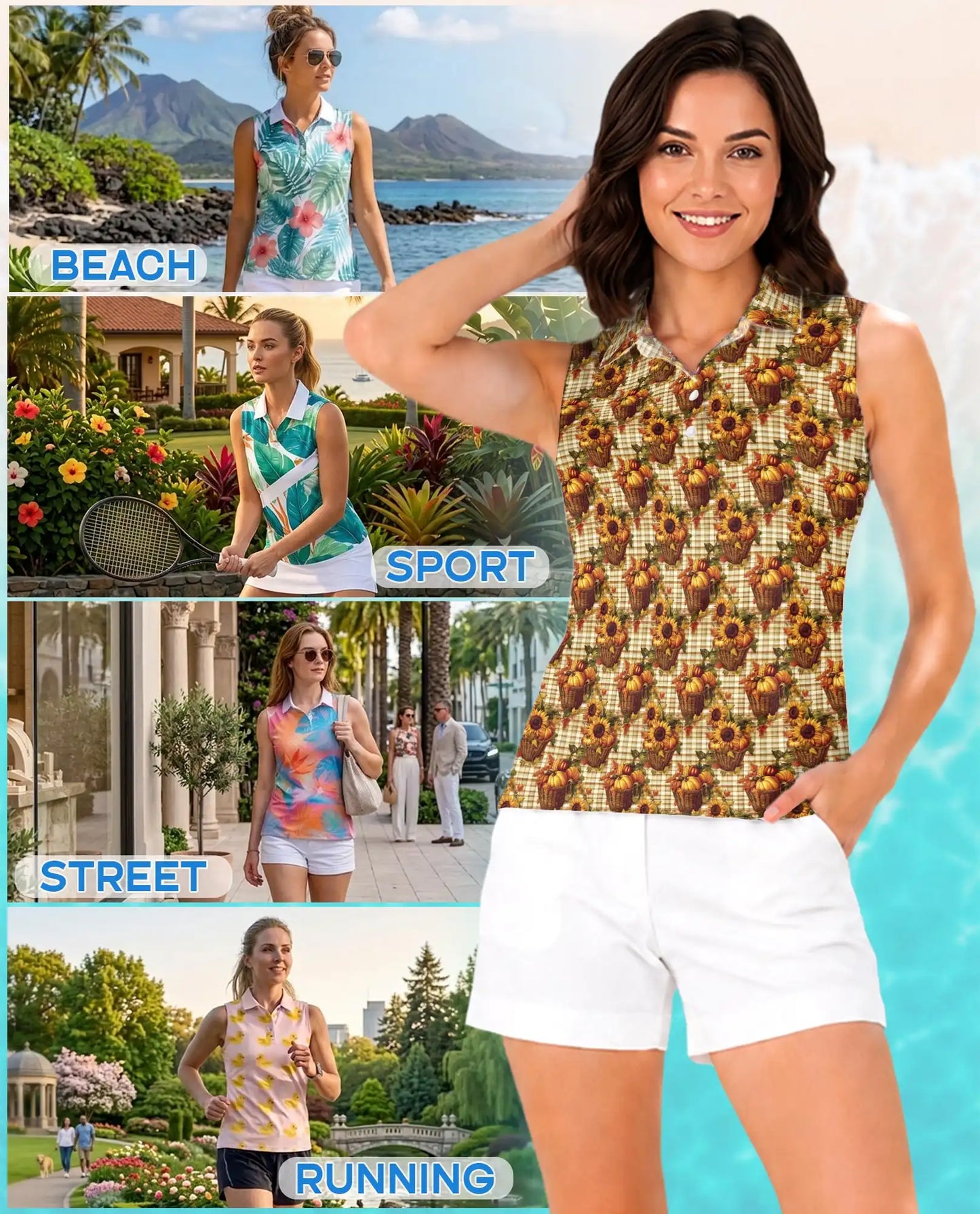 Pumpkin And Sunflower Basket Pattern Sleeveless Polo Shirt for Women  | Netecom
