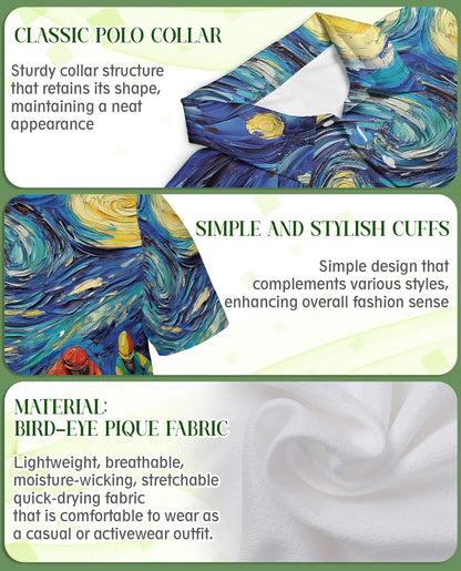 Starry Night Horse Racing 3D Polo Shirt for Men – Artistic Jockey Derby Style | Netecom