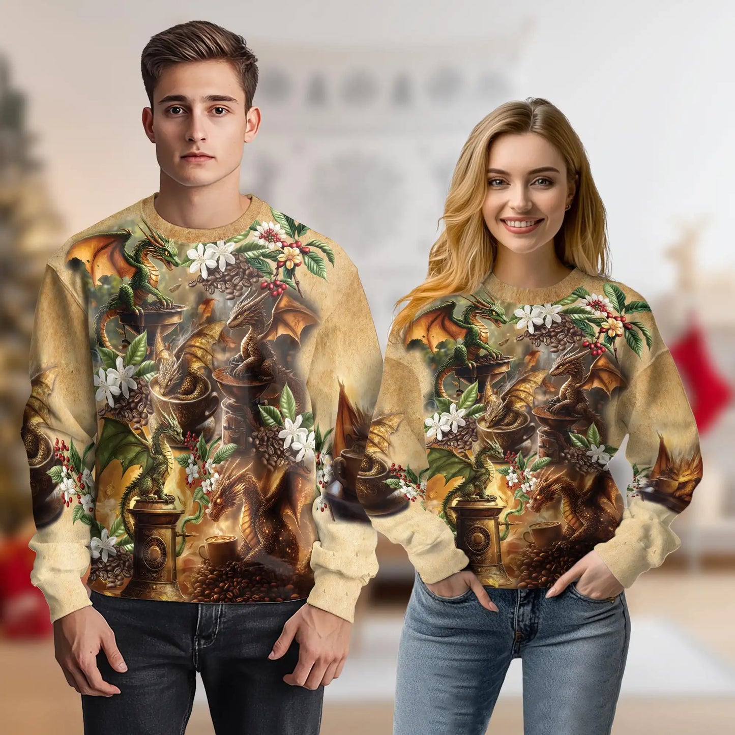 Dragon Coffee Lovers Sweatshirt, 3D All Over Print Fantasy Coffee Crewneck Pullover for Men Women, Coffee Lover Gift - Netecom