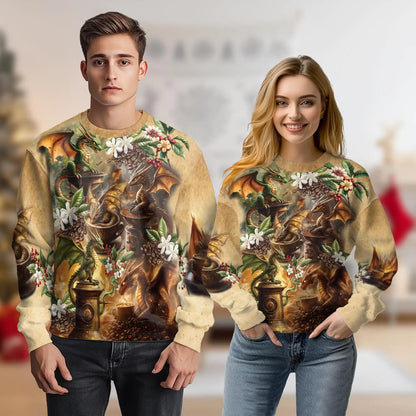 Dragon Coffee Lovers Sweatshirt, 3D All Over Print Fantasy Coffee Crewneck Pullover for Men Women, Coffee Lover Gift - Netecom