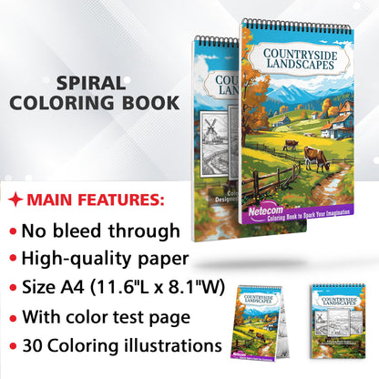 Countryside Landscapes Spiral Bound Coloring Book, Enchanting Rural Vistas, Immerse Yourself in the Serenity of Countryside Landscapes