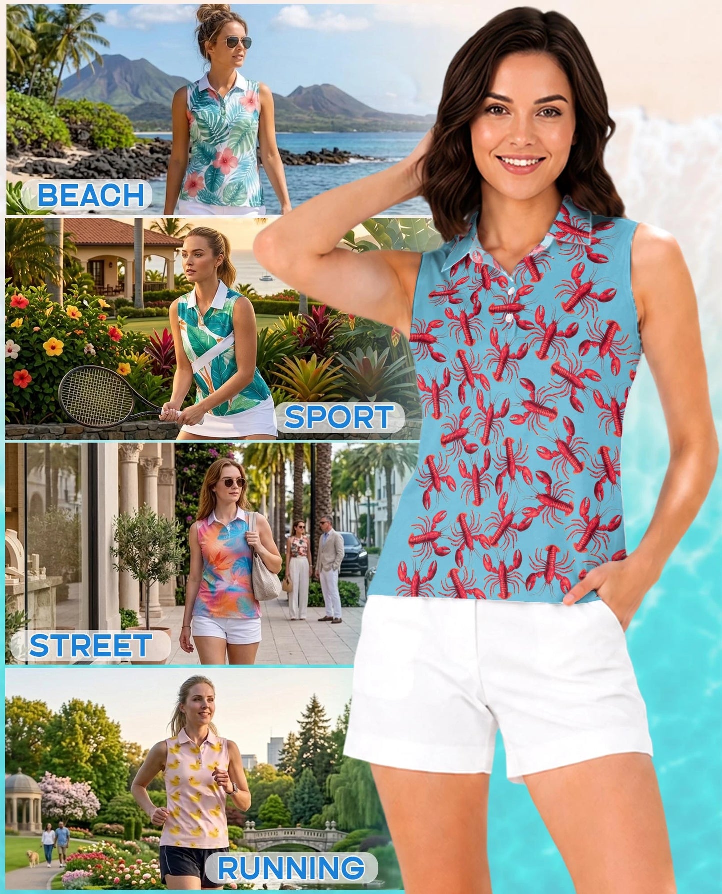 Lobster Red Pattern Sleeveless Polo Shirt for Women | Netecom