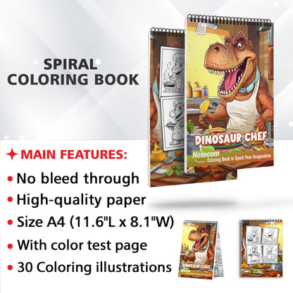 Dinosaur Chef Spiral Bound Coloring Book, Unleash Your Imagination with 30 Enchanting Coloring Pages, Merging the Prehistoric and the Culinary in Whimsical Dinosaurs