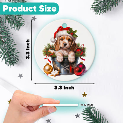 Netecom Cute Cocker Spaniel in Bucket Ornament, Dog with Santa Hat Ceramic Ornament for Christmas Tree Hanging Decorations Gift, Puppy Lover Gifts, Home Decor, Holiday Party Present