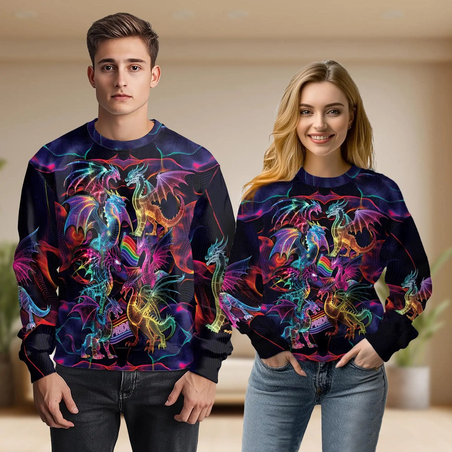 Colorful Pride Dragon Sweatshirt, 3D All Over Print Rainbow Fantasy Crewneck Pullover for Men Women, Dragon Lover Gift - Netecom
