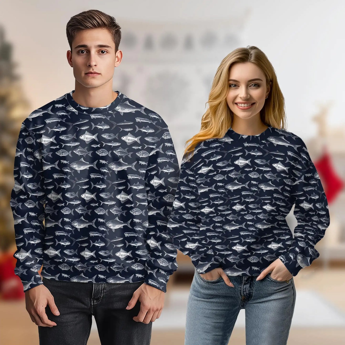 Blue Fish Pattern Sweatshirt, 3D All Over Print Ocean Marine Crewneck Pullover for Men Women, Fish Lover Gift - Netecom