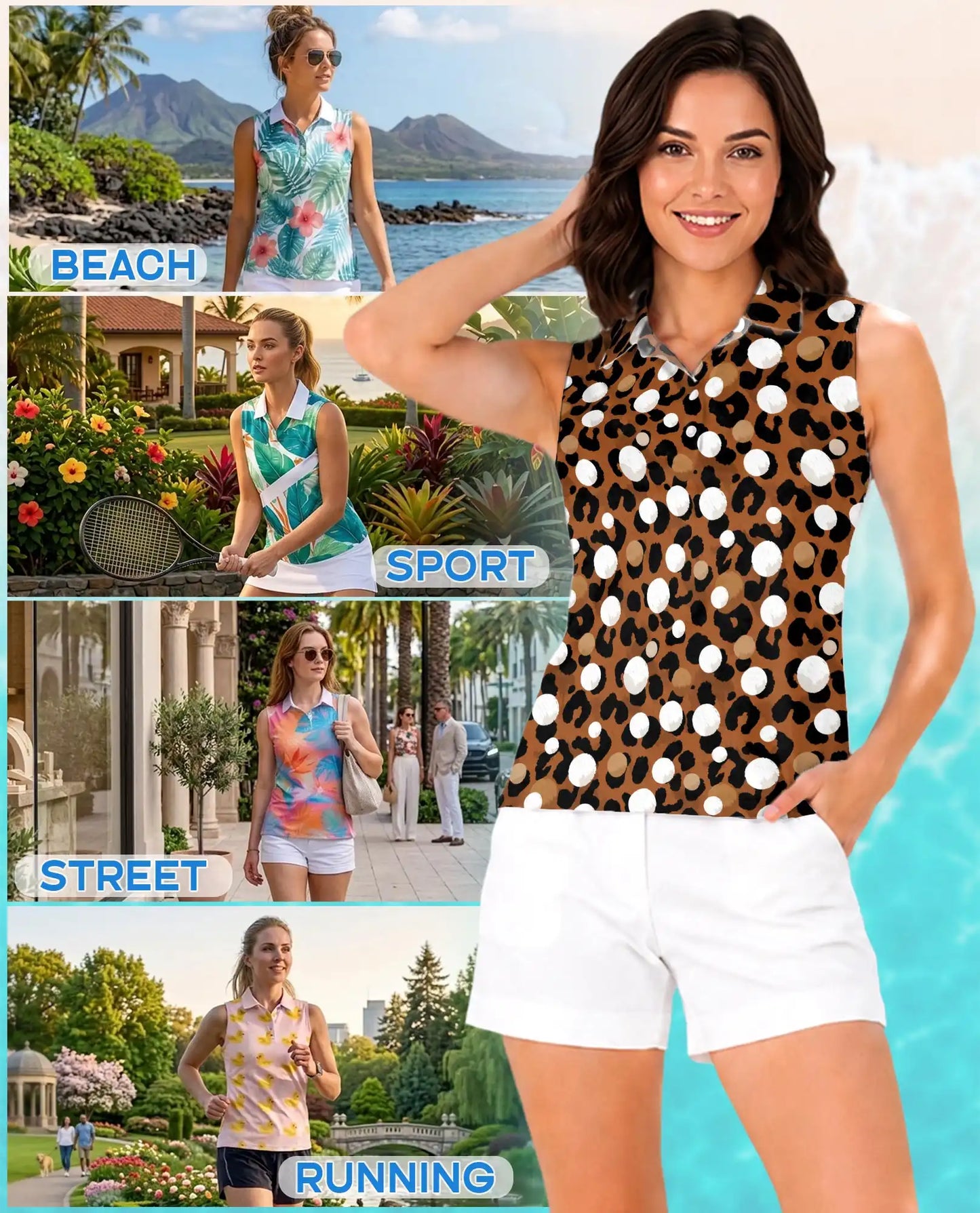 Leopard Polka Dot Print Sleeveless Polo Shirt for Women | Netecom
