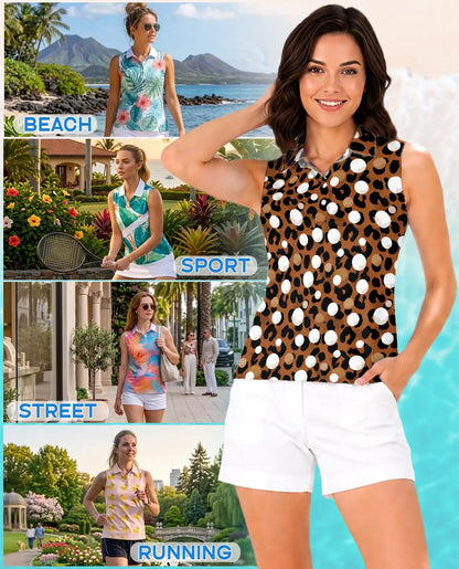 Leopard Polka Dot Print Sleeveless Polo Shirt for Women | Netecom