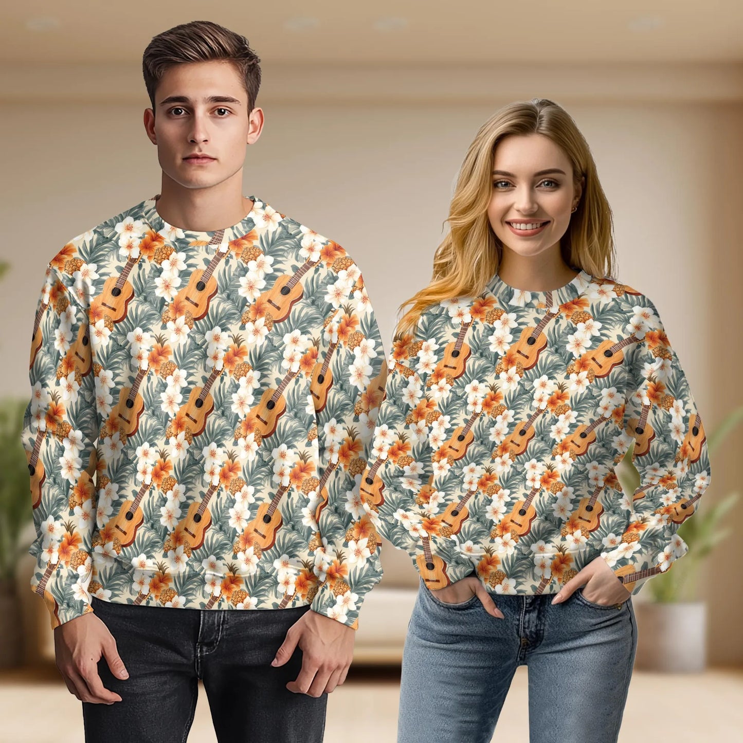 Tropical Pineapple Guitar Sweatshirt, 3D All Over Print Island Music Crewneck Pullover for Men Women, Guitar Lover Gift - Netecom
