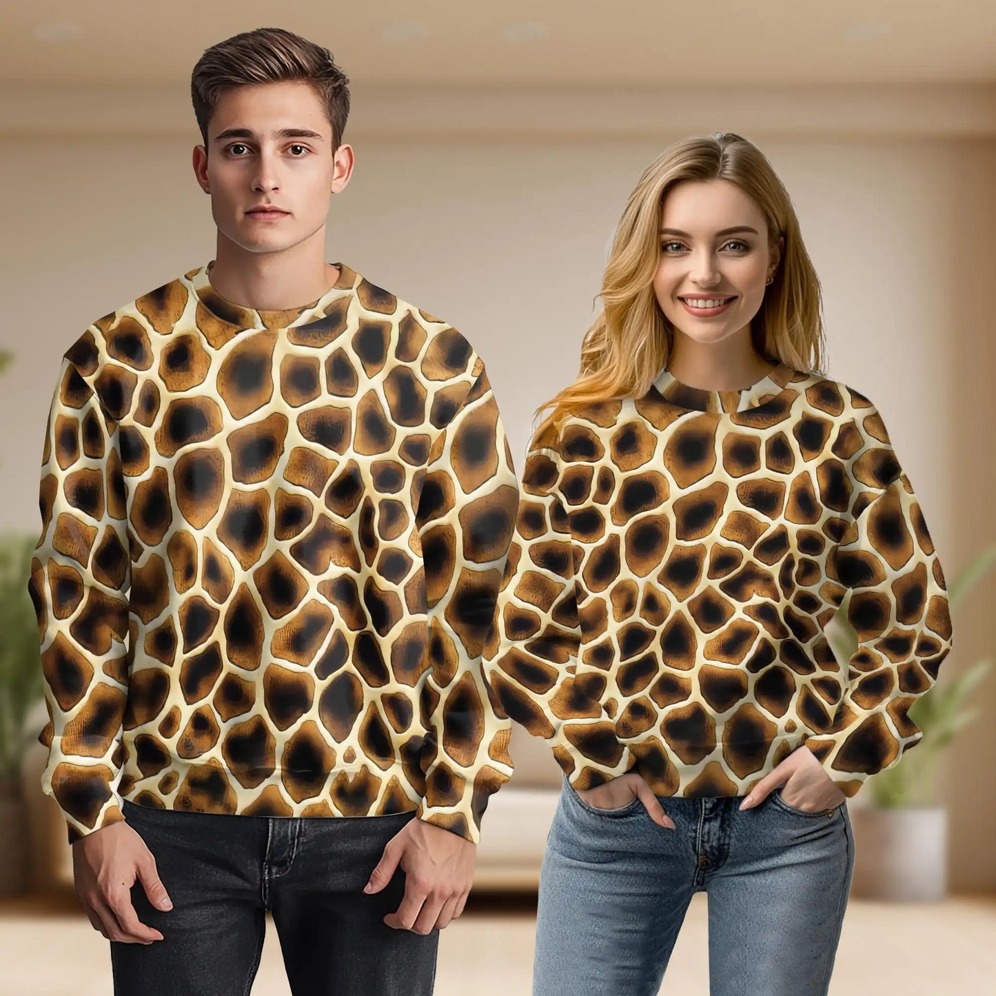 Giraffe Texture Sweatshirt, 3D All Over Print Wild Animal Pattern Crewneck Pullover for Men Women, Giraffe Lover Gift - Netecom