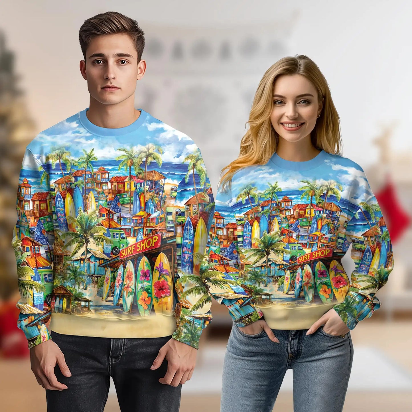 Vintage Surf Shop Beach Scene Pattern Sweatshirt, 3D All Over Print Retro Ocean Crewneck Pullover for Men Women, Surf Lover Gift - Netecom