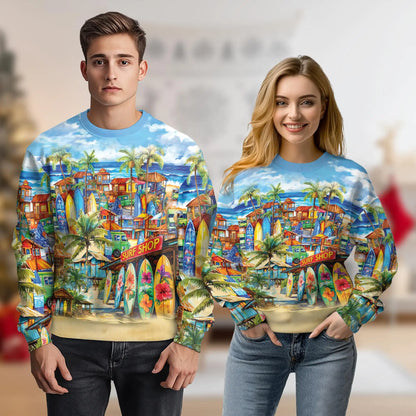 Vintage Surf Shop Beach Scene Pattern Sweatshirt, 3D All Over Print Retro Ocean Crewneck Pullover for Men Women, Surf Lover Gift - Netecom