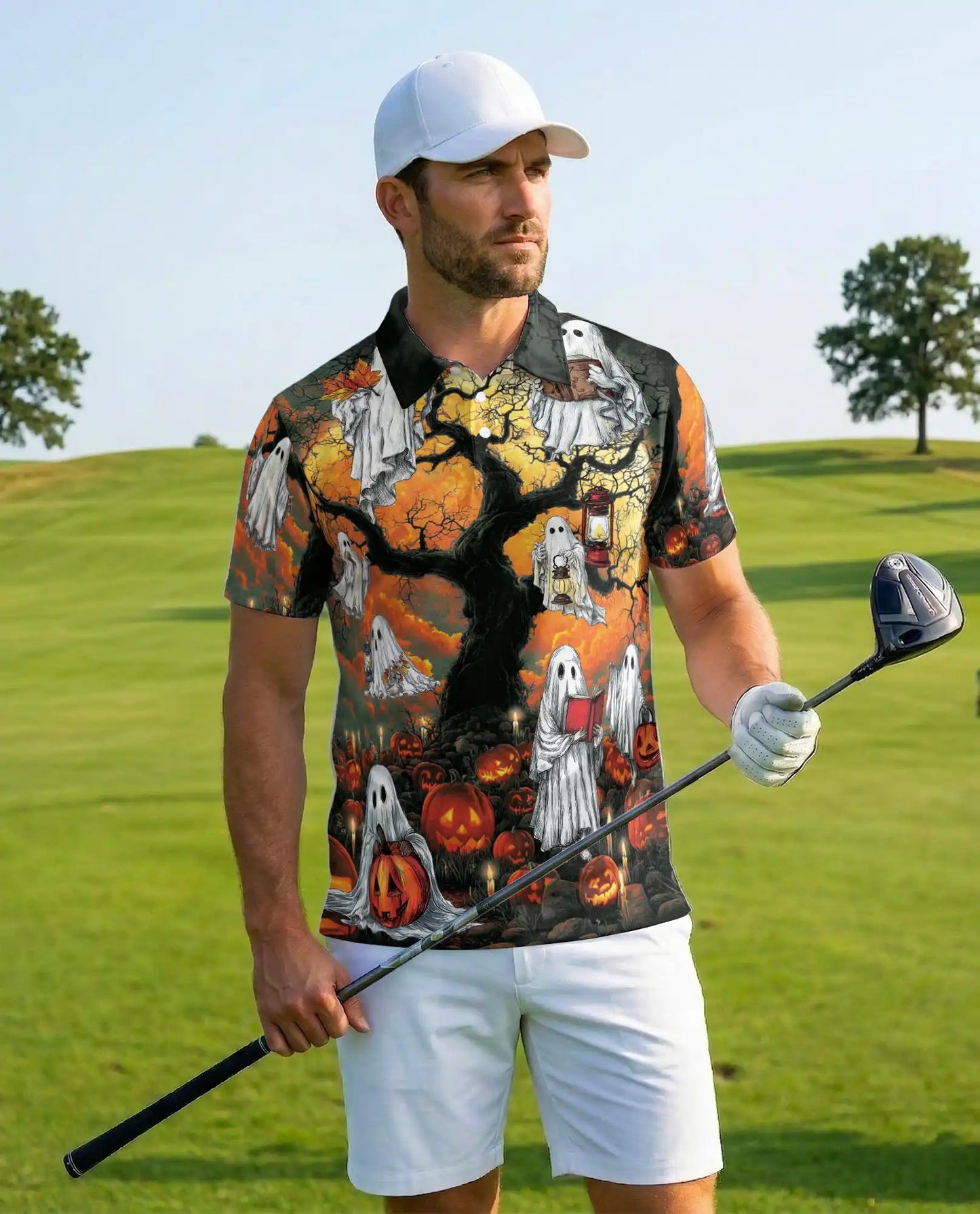 Halloween Ghost Polo Shirt – Spooky Pumpkin Patch Print | Netecom