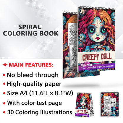 Creepy Doll Spiral Bound Coloring Book, Discover 30 Serene Coloring Pages, Inviting You to Color Dolls with a Gothic Twist and Haunting Details