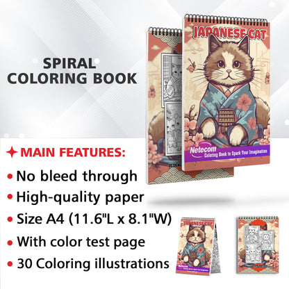 Japanese Cats Spiral Bound Coloring Book, Unleash Your Creativity with 30 Coloring Pages, Portraying Japanese Cats in Serene and Heartwarming Settings