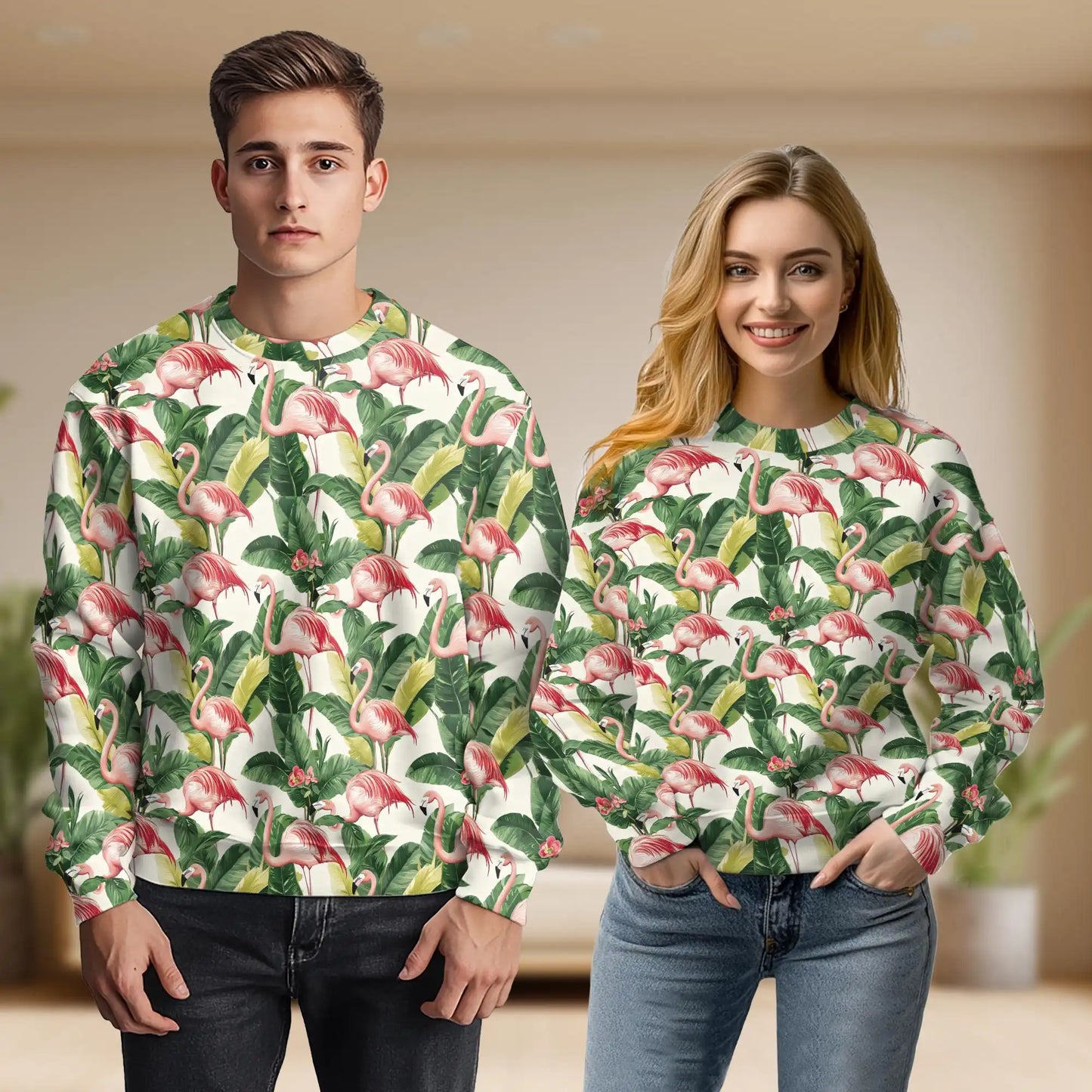 Exotic Jungle Flamingo Pattern Sweatshirt, 3D All Over Print Tropical Bird Crewneck Pullover for Men Women, Flamingo Lover Gift - Netecom