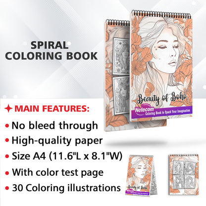 Beauty of Boho Spiral Bound Coloring Book, Amazing Coloring Collection of Bohomian Woman with High Quality Illustration for Adults to Relax and Unwind