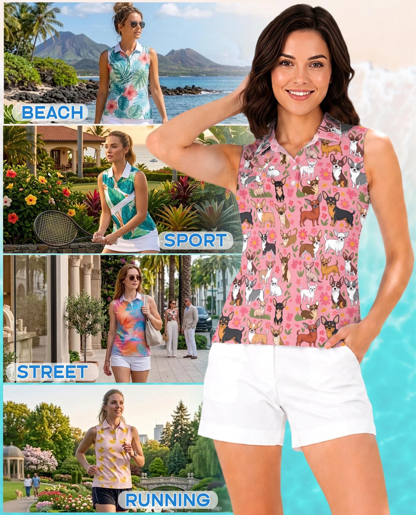 Floral Chihuahua Sleeveless Polo Shirt for Women | Netecom