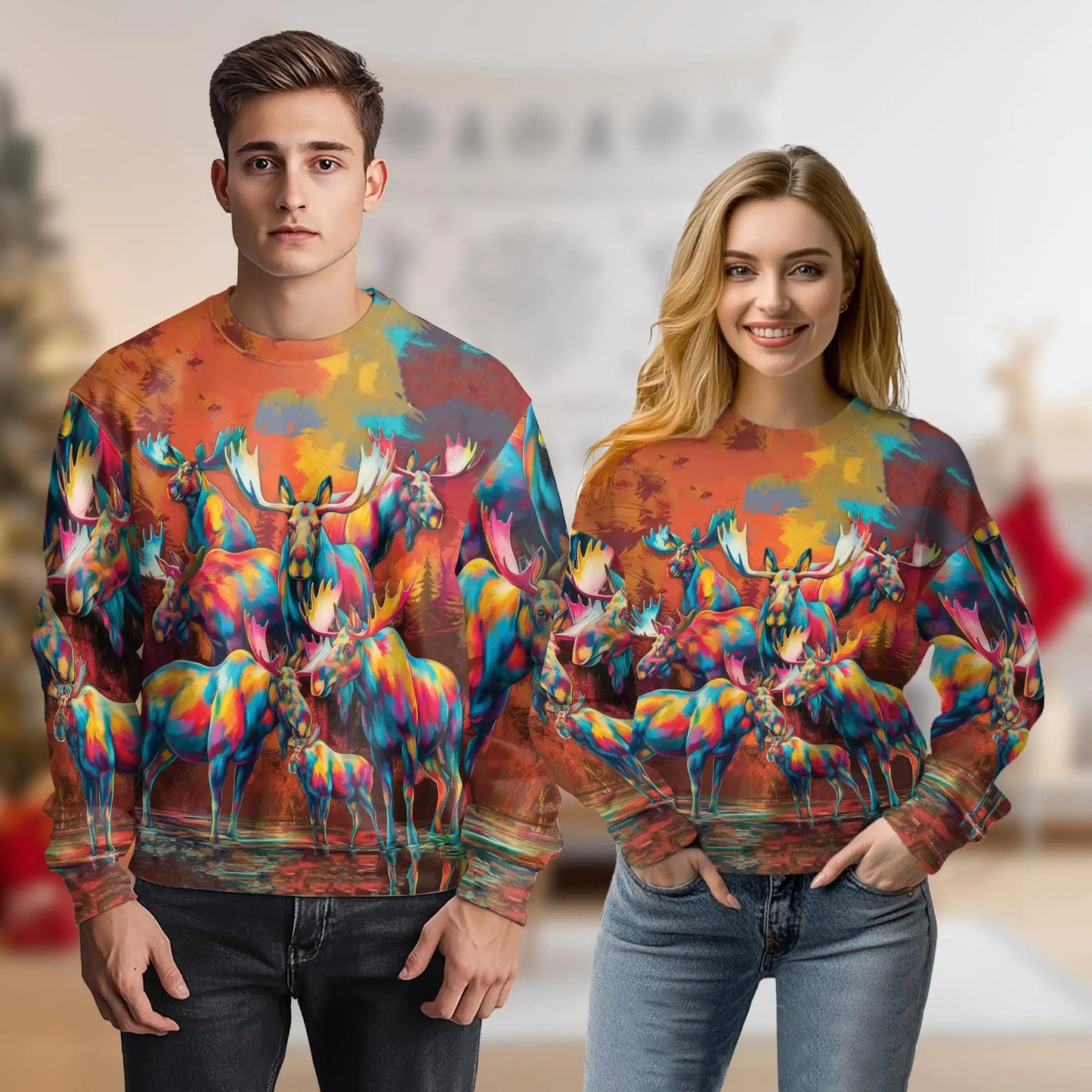Colorful Moose Sweatshirt, 3D All Over Print Wildlife Crewneck Pullover for Men Women, Moose Lover Gift - Netecom