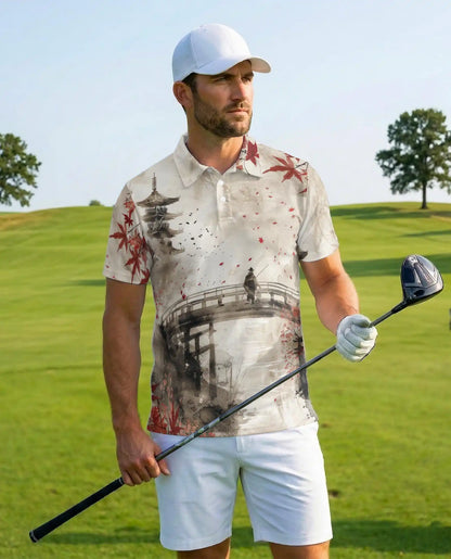 Japanese Ink Landscape Polo Shirt - Zen Asian Art Style | Netecom