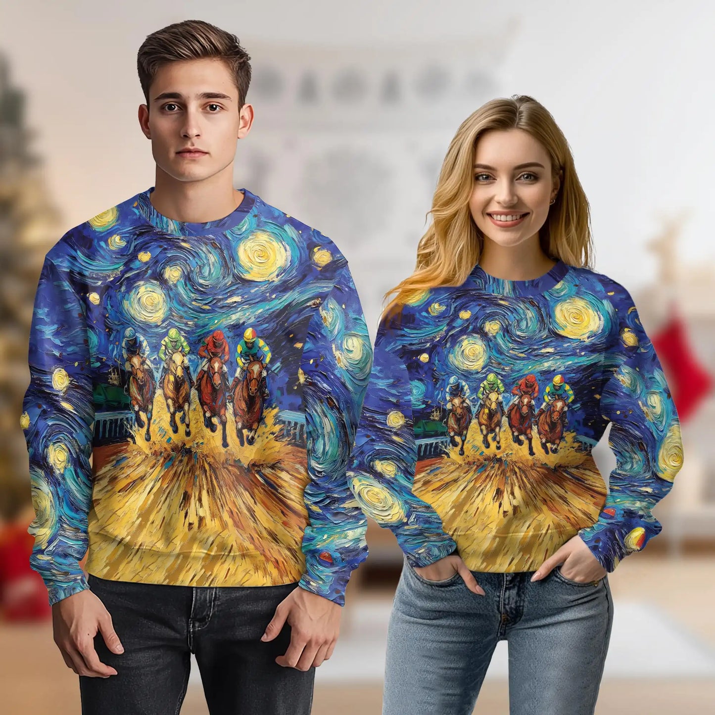 Horse Racing Starry Night Sweatshirt, 3D All Over Print Galaxy Equestrian Art Crewneck Pullover for Men Women, Horse Racing Lover Gift - Netecom