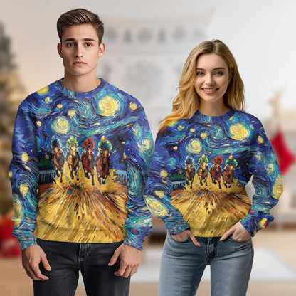 Horse Racing Starry Night Sweatshirt, 3D All Over Print Galaxy Equestrian Art Crewneck Pullover for Men Women, Horse Racing Lover Gift - Netecom