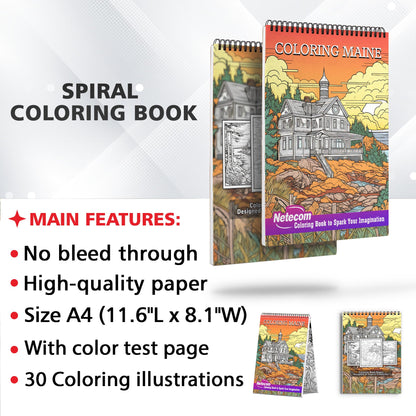 Coloring Maine Spiral Bound Coloring Book, Immerse Yourself in 30 Captivating Coloring Pages Showcasing the Unique Culture and Iconic Landmarks of Maine