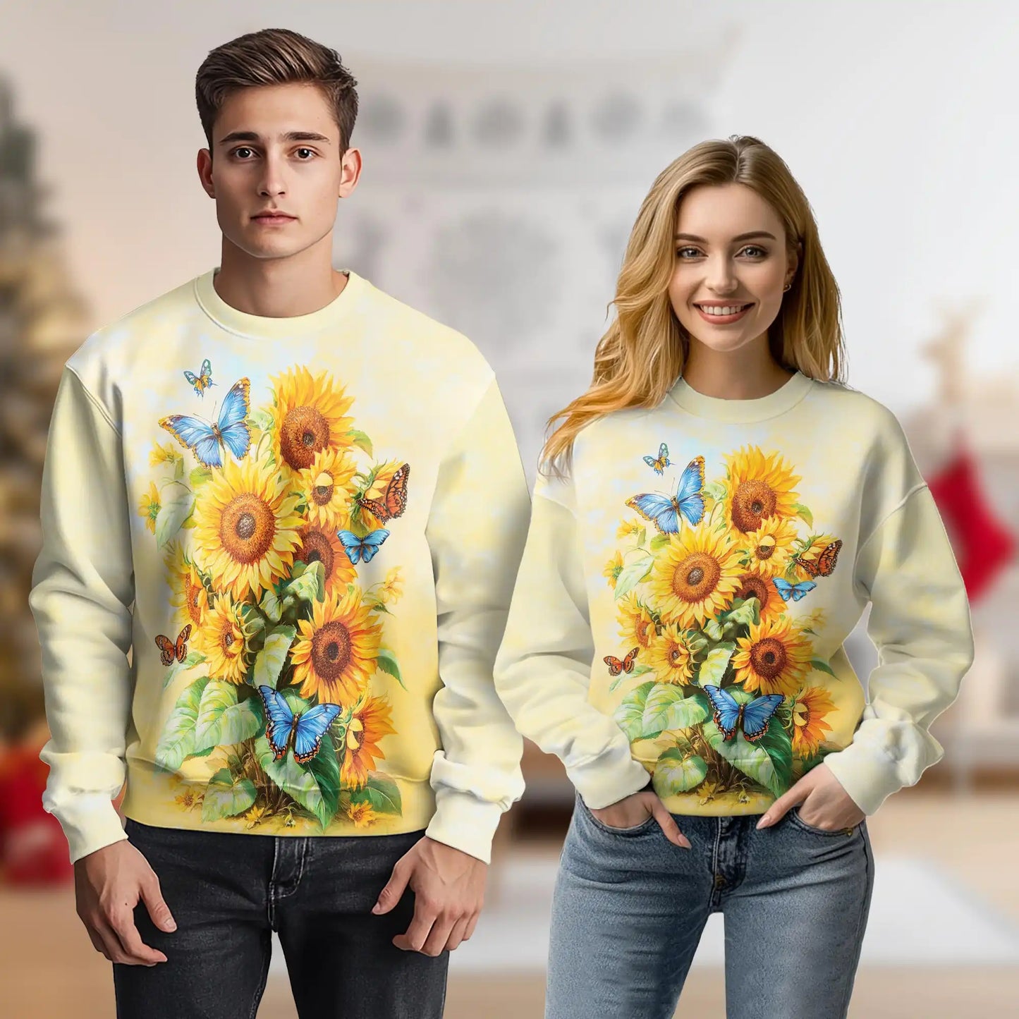 Sunflower Butterfly Sweatshirt, 3D All Over Print Floral Butterfly Crewneck Pullover for Men Women, Nature Lover Gift - Netecom