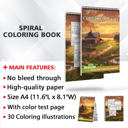 Countryside Life Spiral Bound Coloring Book, Discover the Tranquility of the Countryside with 30 Exquisite Coloring Pages that Showcase the Scenic Landscapes and Charming Elements of Rural Life