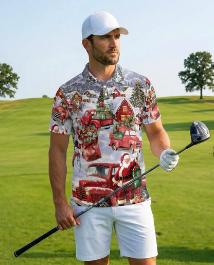 Vintage Christmas Truck 3D Polo Shirt for Men – Santa Holiday Village Style | Netecom