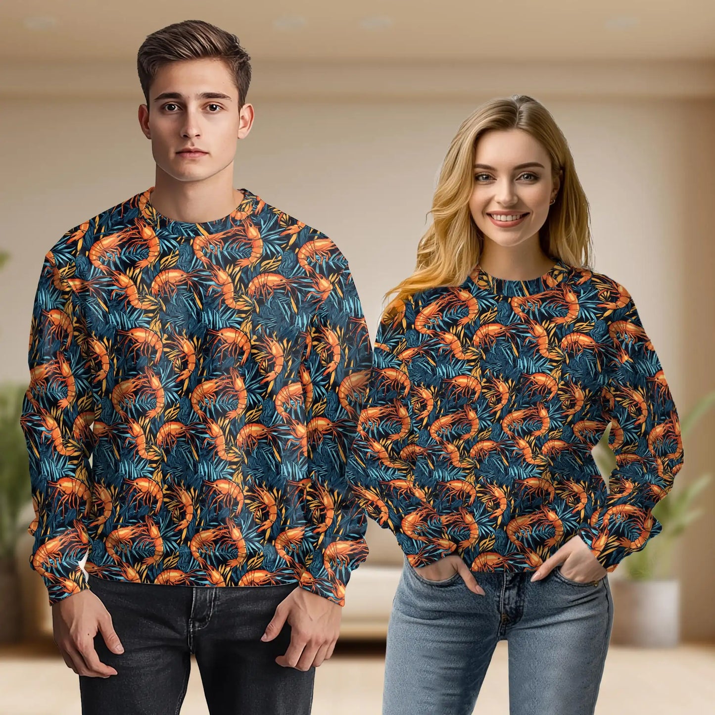 Tropical Shrimp Print Sweatshirt, 3D All Over Print Ocean Seafood Crewneck Pullover for Men Women, Shrimp Lover Gift - Netecom