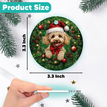 Netecom Cute Poodle Christmas Ornament, Dog Santa Hat Ceramic Ornament for Xmas Tree Hanging Decorations Gift, Puppy Lover Gifts, Home Decor, Holiday Party Present