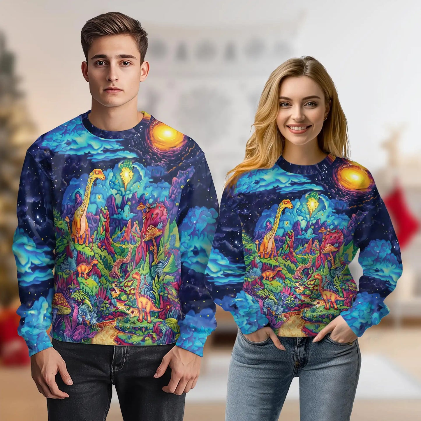 Colorful Dinosaur Sweatshirt, 3D All Over Print Prehistoric Dinosaur Crewneck Pullover for Men Women, Dinosaur Lover Gift - Netecom