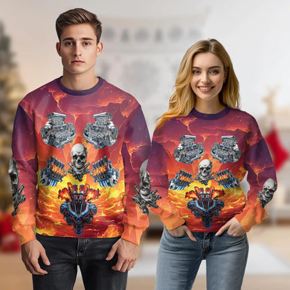 Car Engine Skull Sweatshirt, 3D All Over Print Automotive Mechanic Crewneck Pullover for Men Women, Car Enthusiast Gift - Netecom