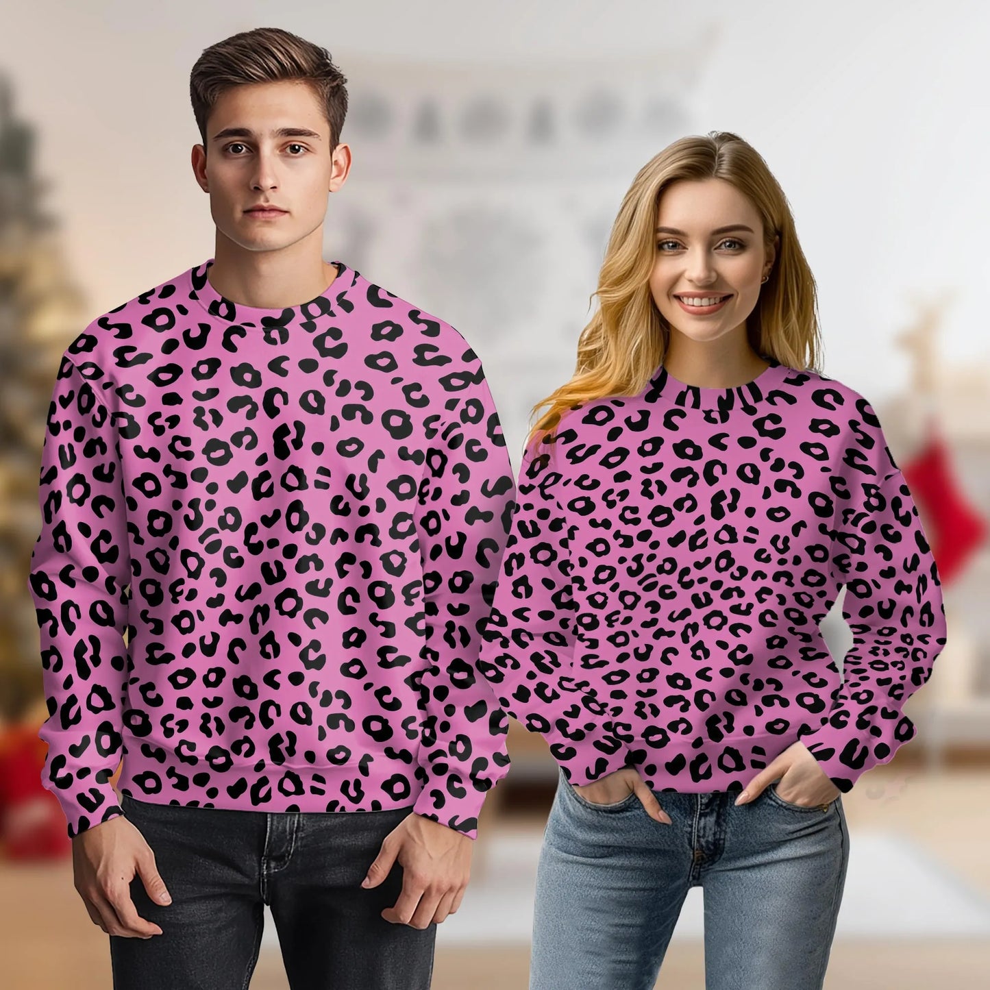 Pink Leopard Print Sweatshirt, 3D All Over Print Wild Animal Pattern Crewneck Pullover for Men Women, Leopard Lover Gift - Netecom