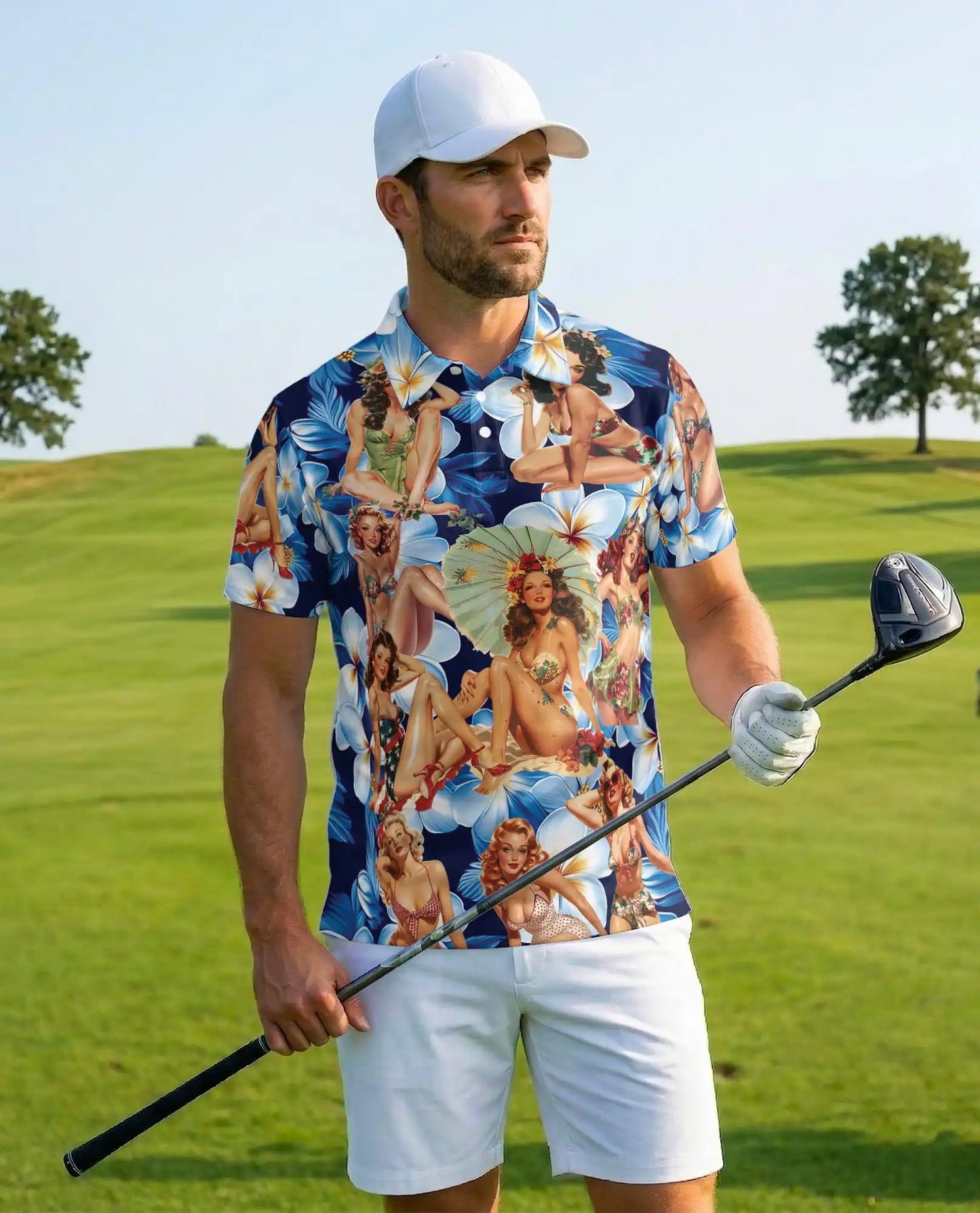 Vintage Pin-Up Girl Polo Shirt for Men - Tropical Plumeria | Netecom